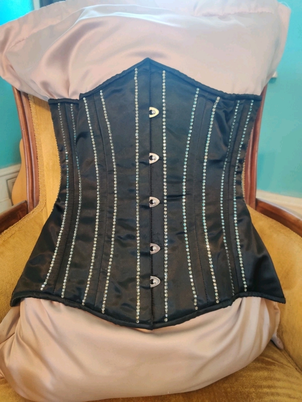 Orchard Corset Black Hourglass Underbust  Rhinestone Lace Up Satin 426 Size 26